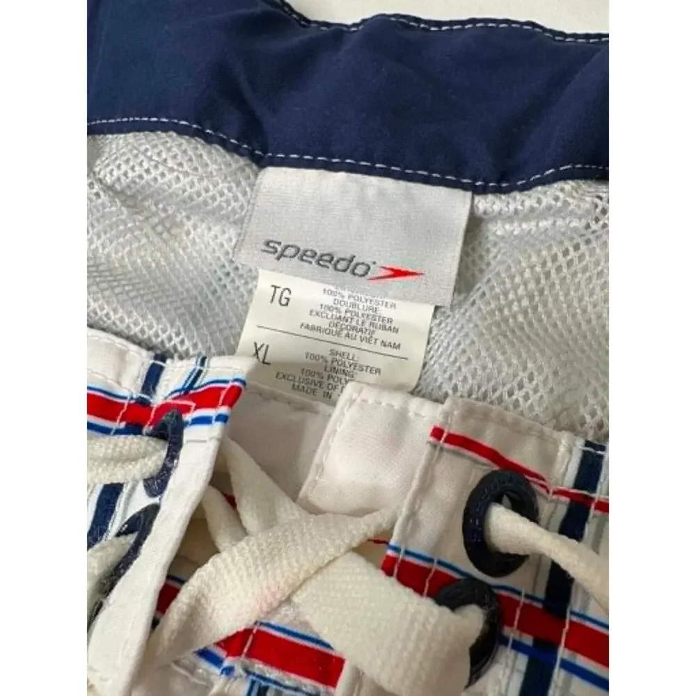 Speedo Men's XL Swim Trunks White Red Blue Plaid Board Shorts Drawstring Mesh Li